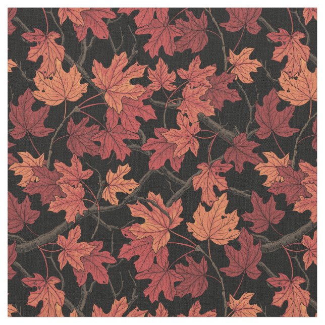 Tissu Feuilles d'érable rouges d'automne sur fond noir (Fermer)