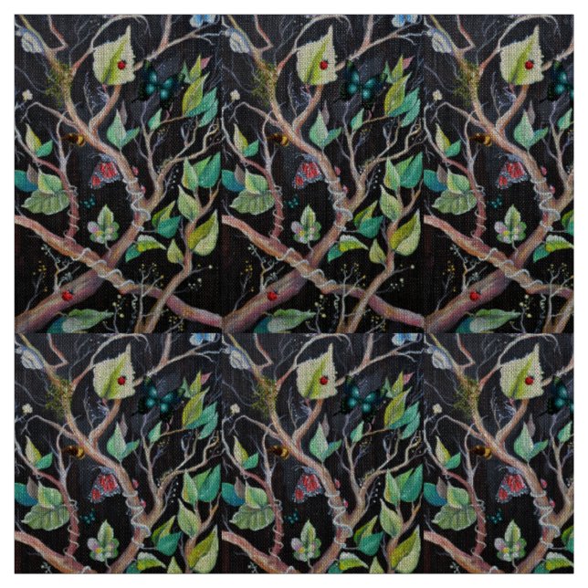 Tissu Feuilles et papillons Motif peint à la main (Échantillon)