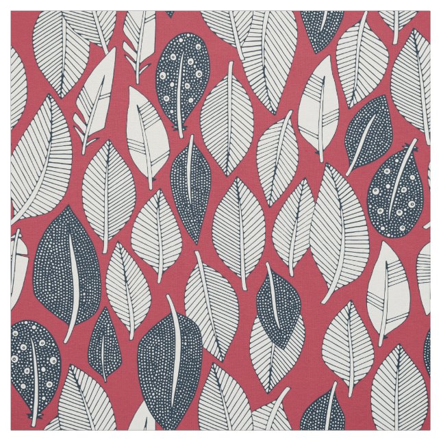 Tissu feuilles et plumes rouges (Échantillon)