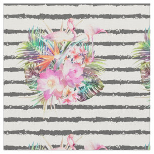 Tissu feuilles floraux tropicaux et rayures de flamants