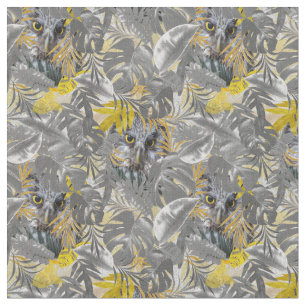 Tissu Feuilles plantes gris et jaunes et choux mignons