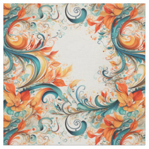 Tissu Feuilles sarcelle et orange