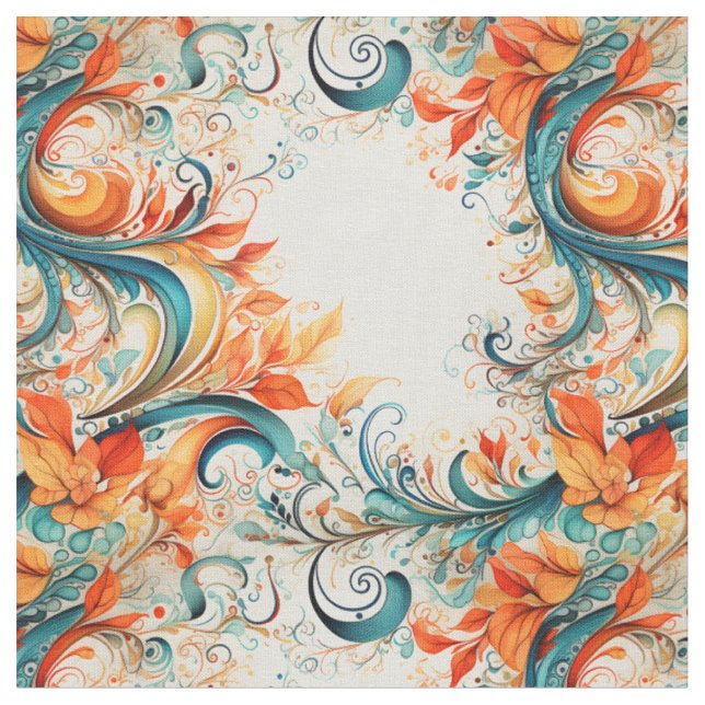 Tissu Feuilles sarcelle et orange (Fermer)