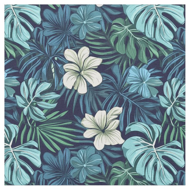 Tissu Feuilles tropicaux et fleurs bleu vert (Fermer)