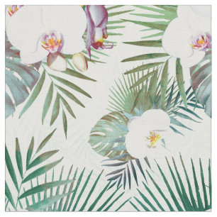 Tissu Feuilles tropicaux et fleurs d'orchidées
