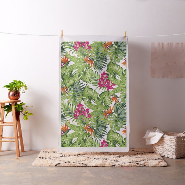 Tissu Feuilles vertes tropicales et fleurs roses  (In Situ)