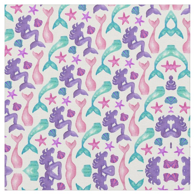 Tissu Fille Aquarelle Mermaids Contes Coquillages Motif (Fermer)