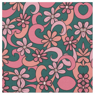Tissu Fille Super Coral rose Vert les années 70 Fleurs M