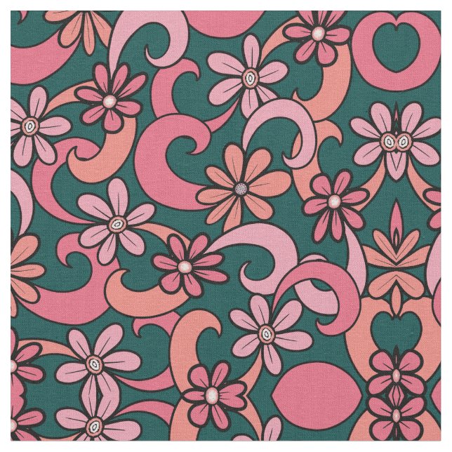 Tissu Fille Super Coral rose Vert les années 70 Fleurs M (Fermer)