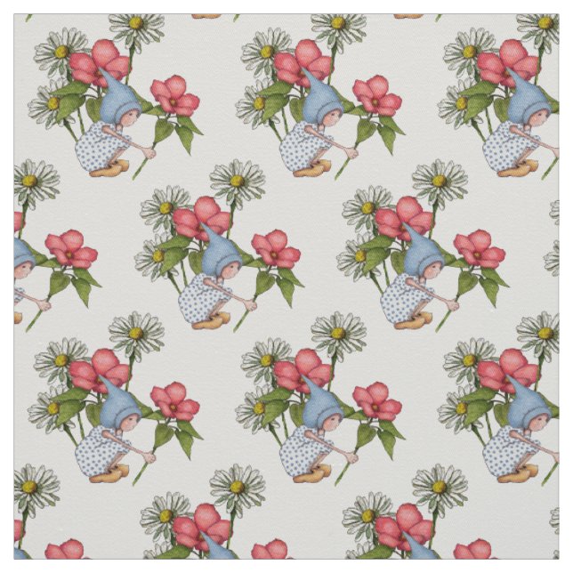 Tissu Fille tirée par la main de gnome avec des fleurs, (Échantillon)