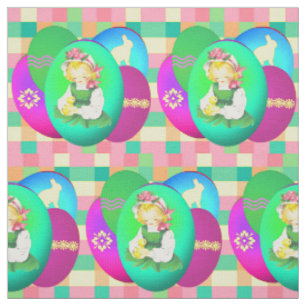Tissu Fille Vintage Pâques Avec Oeufs Pâques Sur Plaid