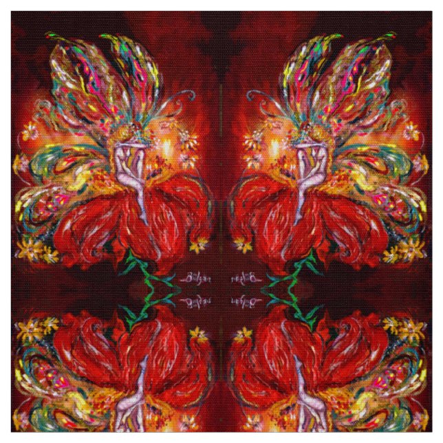Tissu FIRE FAIRY SUR L'Imaginaire À FLEURS ROUGES (Échantillon)