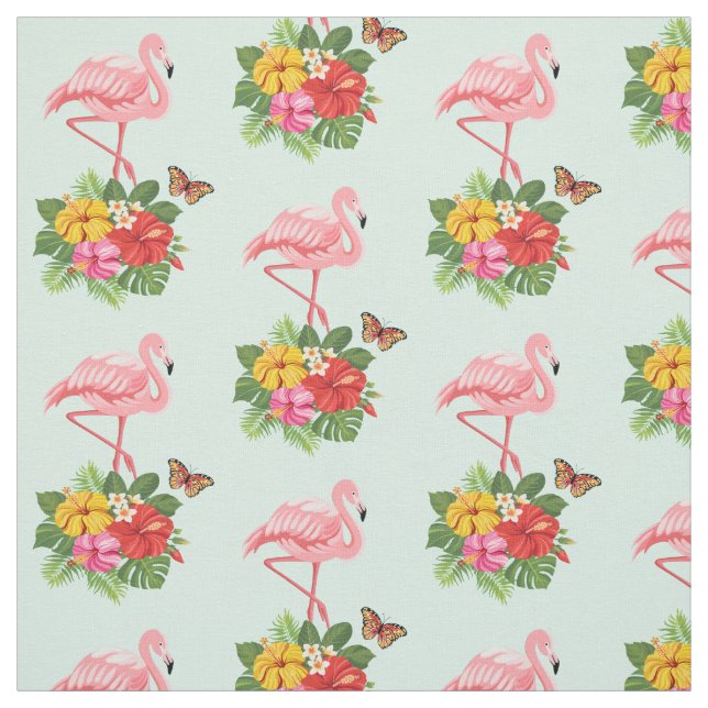 Tissu Flamant rose rose & Hibiscus Tropical Fancy Motif (Échantillon)
