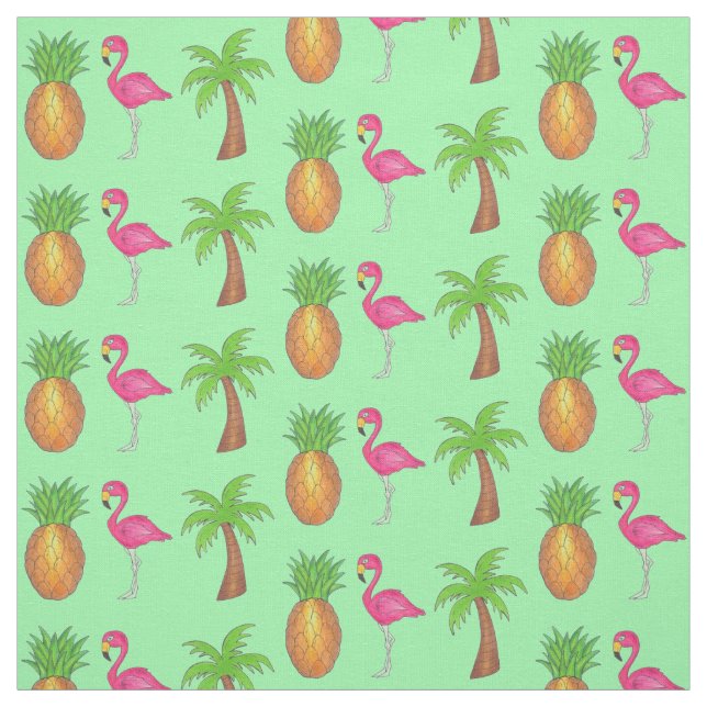 Tissu Flamant rose rose tropical Palmier vert Ananas (Échantillon)