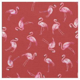 Tissu Flamants rose à l'aquarelle jetés sur fond rouge
