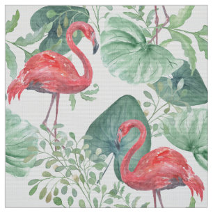 Tissu Flamants roses et feuilles à l'aquarelle.