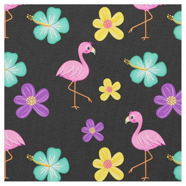 Tissu Flamants roses et fleurs roses mignons Noir (Fermer)