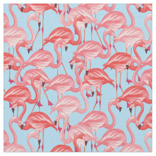 Tissu Flamants roses roses lumineux sur le bleu