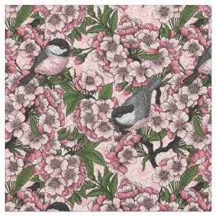 Tissu Fleur de cerisiers et poulets roses