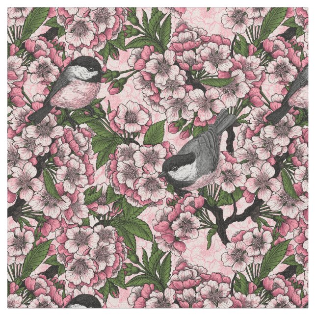 Tissu Fleur de cerisiers et poulets roses (Fermer)