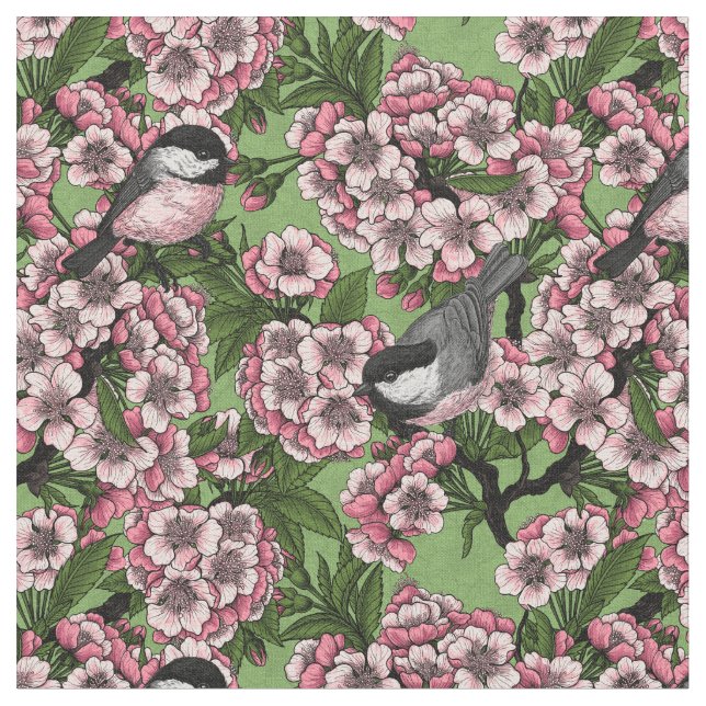 Tissu Fleur de cerisiers et poulets verts (Fermer)