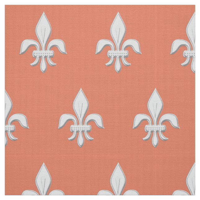 Tissu Fleur de Lis en blanc sur Coral clair rose / Pêche (Échantillon)