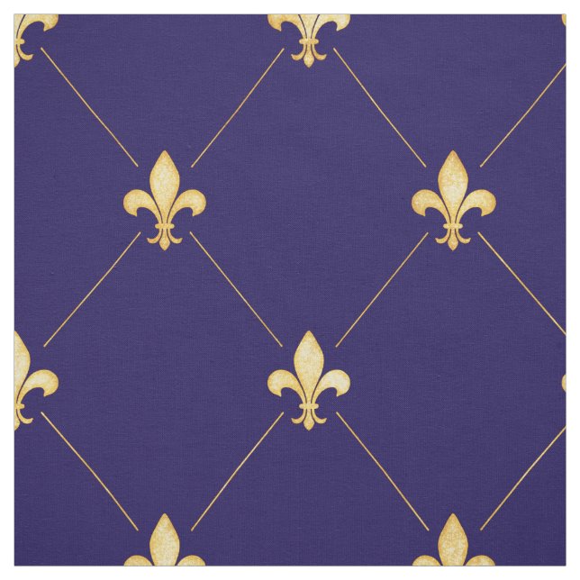 Tissu Fleur de Lis Or (grande échelle) Bleu de minuit (Échantillon)