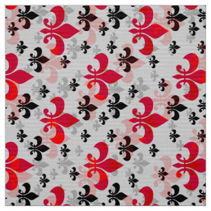 Tissu Fleur de lis rouge sur fond blanc