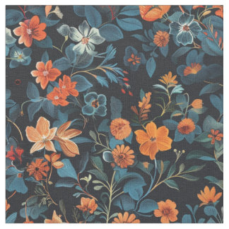 Tissu Fleur de minuit : Symphonie florale orange et bleu