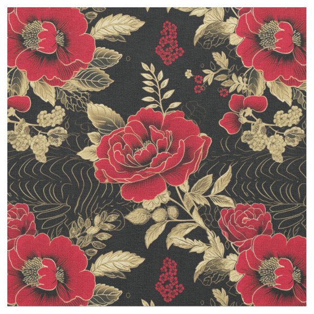 Tissu Fleur de travail Rouge Doré (Fermer)
