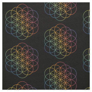 Tissu Fleur de vie Motif dégradé arc-en-ciel sur noir