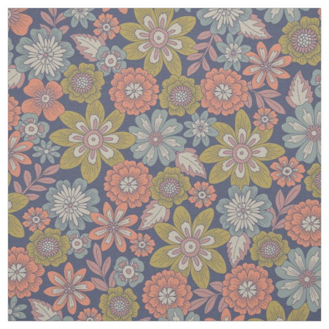 Tissu Fleur Fleurit & Fleurs en Corail, Bleu & Vert (Échantillon)