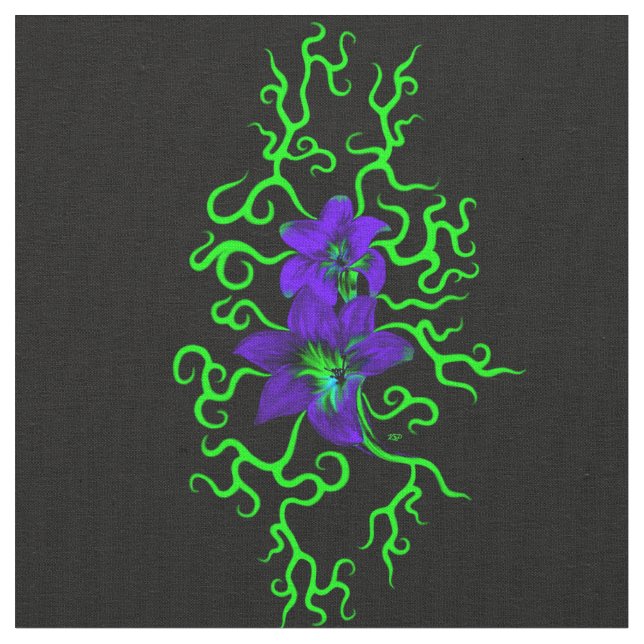 Tissu Fleur Lily violette sur noir (Fermer)