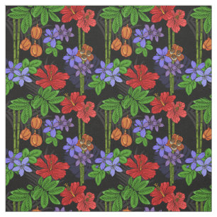Tissu Fleur nationale jamaïcaine et Fruit Tropical Black