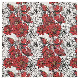 Tissu Fleur Rose rouge et noire