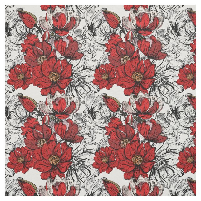 Tissu Fleur Rose rouge et noire (Échantillon)