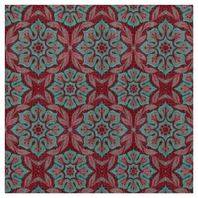 Tissu "Fleur rouge et turquoise" floral arabesque (Échantillon)