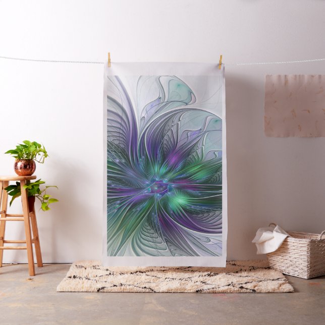 Tissu Fleur verte abstraite moderne d'art fractal violet (In Situ)
