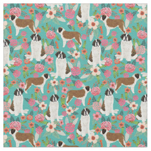 Tissu Fleur vintage de chien Saint Bernard turquoise