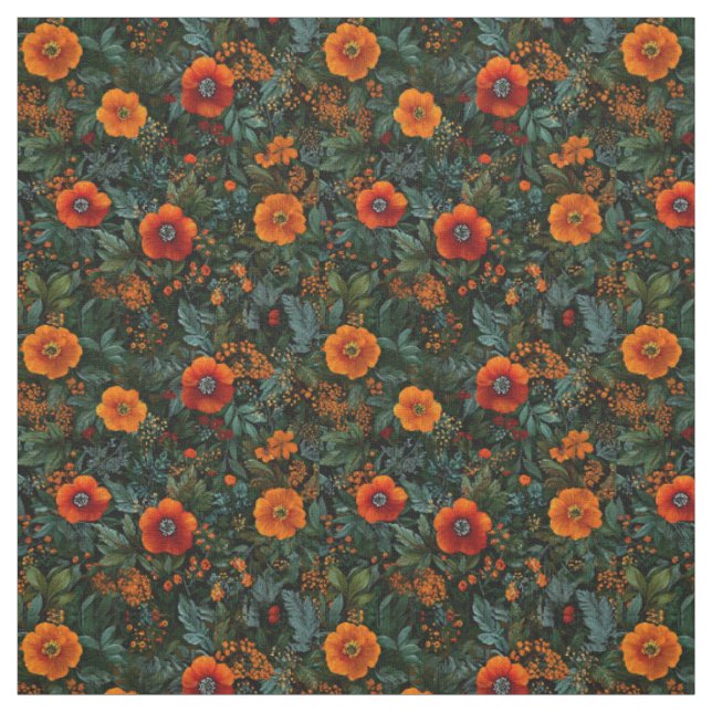 Tissu Fleuris vintage fleuris orange rustique botanique  (Échantillon)