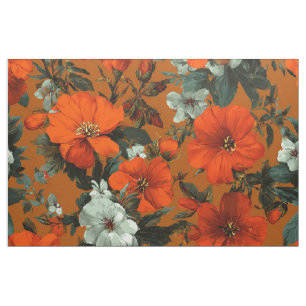 Tissu Fleuris vintage fleuris orange rustique botanique