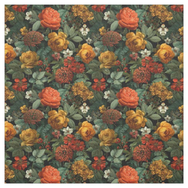 Tissu Fleuris vintage fleuris orange rustique botanique  (Échantillon)