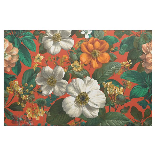Tissu Fleuris vintage fleuris orange rustique botanique  (Yard)
