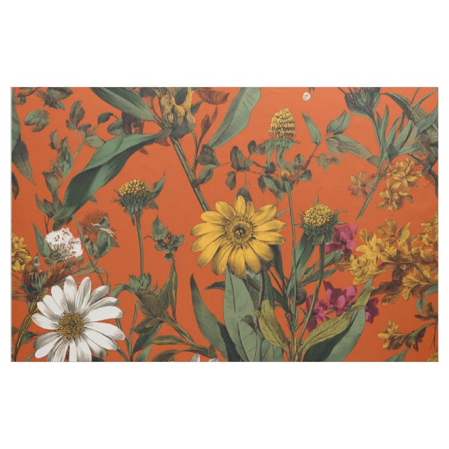 Tissu Fleuris vintage fleuris orange vert rustique  (Yard)
