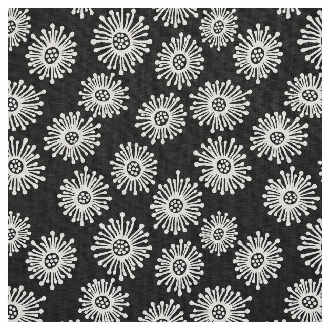 Tissu Fleurs à main - Blanc sur Noir (Échantillon)