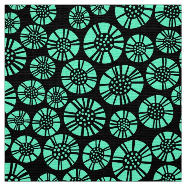 Tissu Fleurs Abstraites 031023 - Turquoise sur Noir (Échantillon)