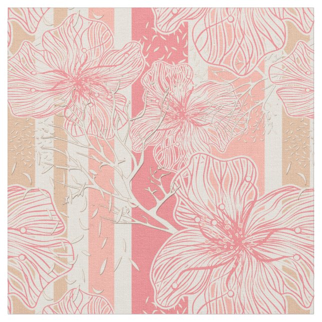 Tissu Fleurs abstraites tropicales rayées pêche apricot  (Fermer)