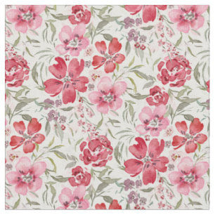 Tissu Fleurs aquarelles romantiques florales rouges et r