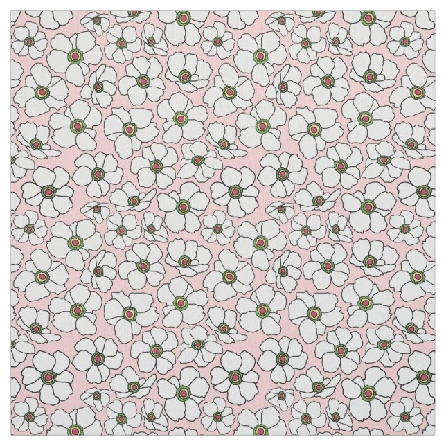 Tissu Fleurs blanches Boho sur fond rose (Échantillon)
