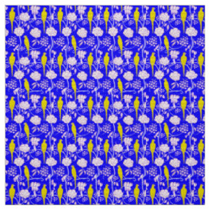 TISSU FLEURS BLANCHES ET PARROTS JAUNES SUR BLEU